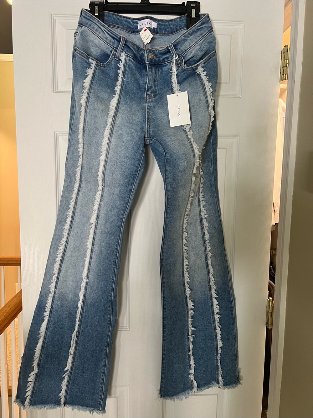 Cello Women's Light Blue Distressed Vertical-Strip Flare Jeans
